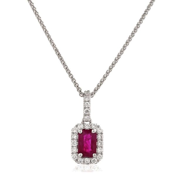 Emerald Cut Ruby Pendant with Diamond Halo Fashion