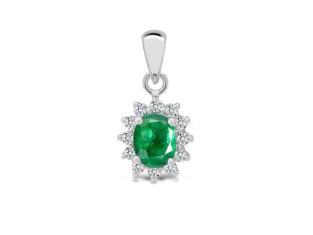 18ct White Gold Diamond And Emerald Pendant For Cheap