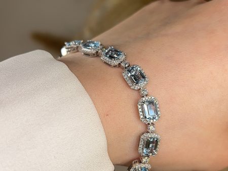 Emerald Shape 11 Carat Aquamarine Tennis Bracelet Featuring Diamond Halo BRHAEC Online