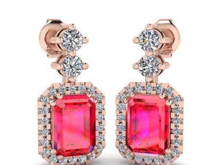 Emerald Cut 1 Carat Ruby Lab Grown Diamond Halo Drop Earrings E1ECR on Sale