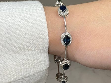 Oval Shape Sapphire Featuring Diamond Halo 18K White Gold Station Set Bracelet Cheap