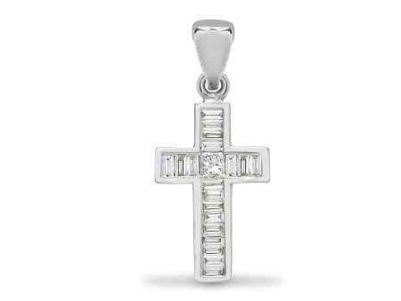 18ct White 0.22ct Princess Cut & Baguette Diamond Cross Online Hot Sale