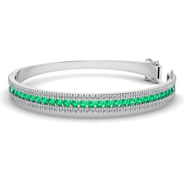 Round Brilliant 4.05 Carat Emerald and Diamond 3 Rows Bangle BAN1E For Sale