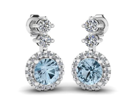 Aquamarine 1.10 Carat Round Shape Halo Lab Grown Diamond Drop Earrings E1RBA Hot on Sale