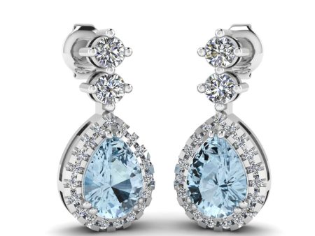 Aquamarine 1.30 Carat Pear Shape Halo Natural Diamond Drop Earrings E1PSA For Sale