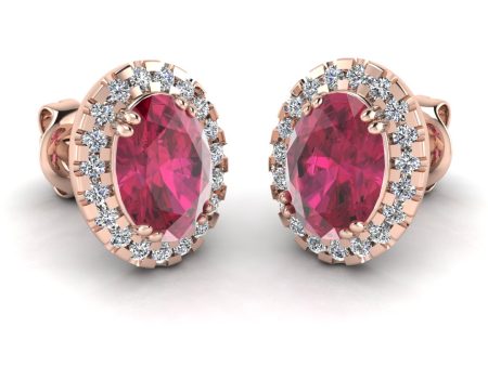 Oval Ruby and Diamond Halo Stud Earrings - EHAOR Sale