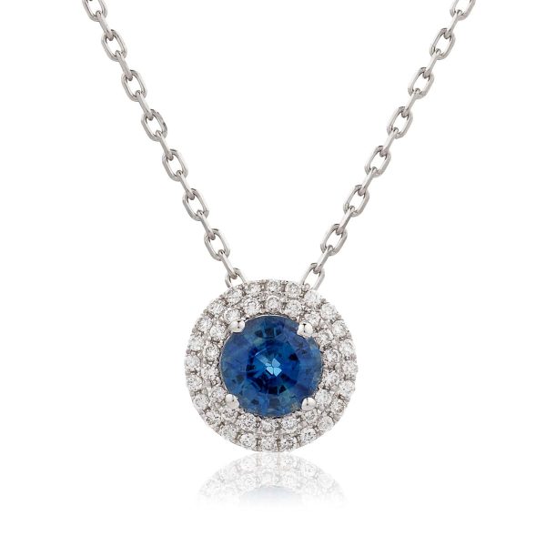 Round Sapphire Pendant with Double Diamond Halo Discount